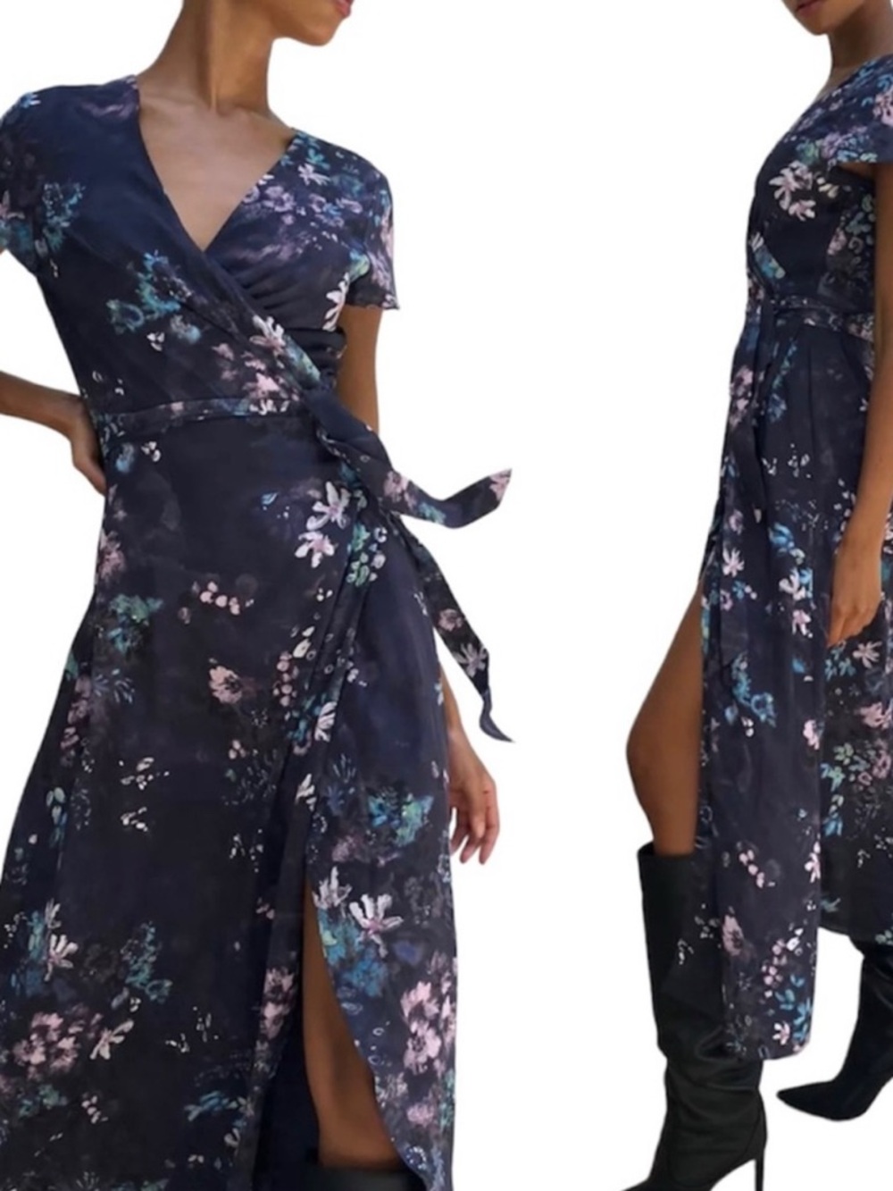 Babaton Navy Floral Wrap Midi Dress